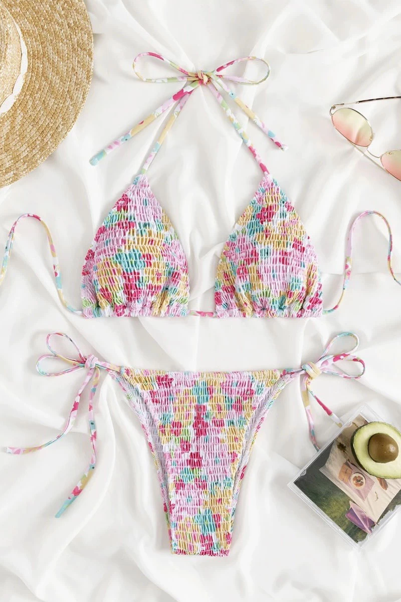 Bikini đi biển hai mảnh hoa nhún kèm khăn